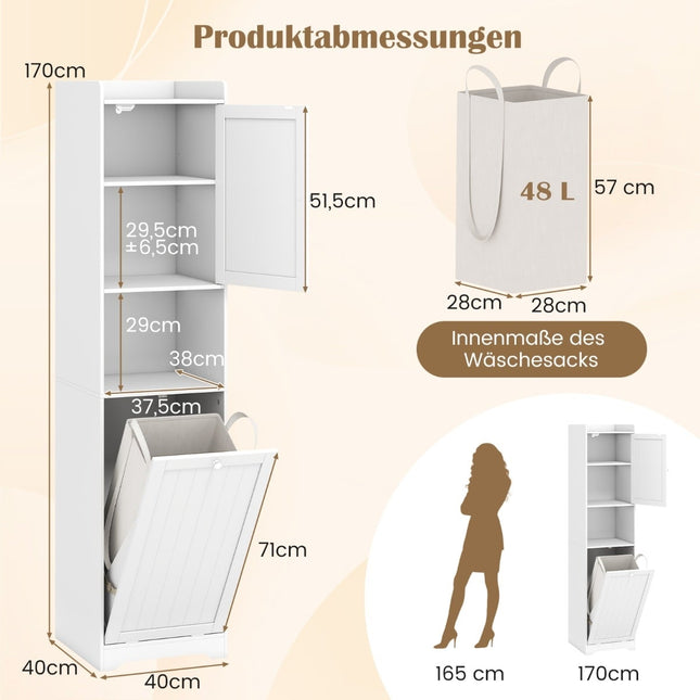 Tall Bathroom Cabinet with Adjustable Shelves and Laundry Bag