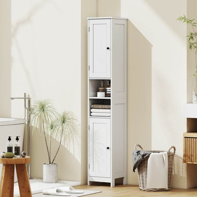 Tall Bathroom Cabinet with Doors, Open Shelves, White, 170 cm