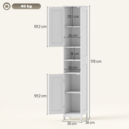 Tall Bathroom Cabinet with Doors, Open Shelves, White, 170 cm