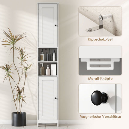 Tall Bathroom Cabinet with Doors, Open Shelves, White, 170 cm