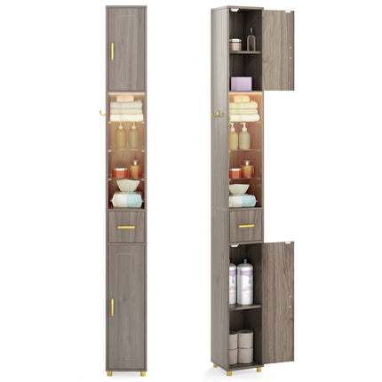 Tall Bathroom Cabinet with Lighting, Drawer & Glass Shelves