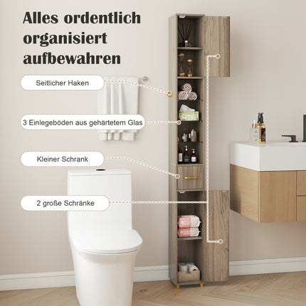 Tall Bathroom Cabinet with Lighting, Drawer & Glass Shelves