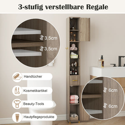 Tall Bathroom Cabinet with Lighting, Drawer & Glass Shelves