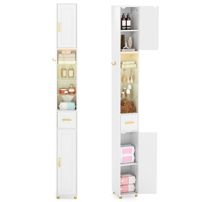 Tall Bathroom Cabinet with Lighting, Glass Shelves, Drawer