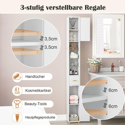 Tall Bathroom Cabinet with Lighting, Glass Shelves, Drawer