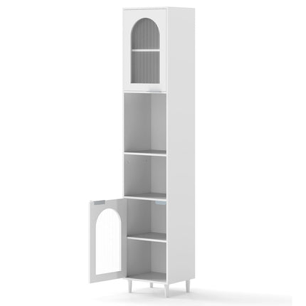 Tall Bathroom Cabinet with Ribbed Glass Doors, White