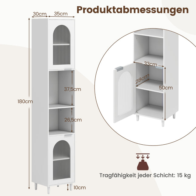 Hoge badkamerkast met geribbelde glazen deuren, wit
