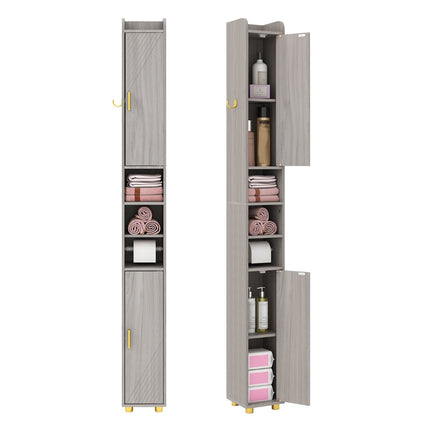 Tall Bathroom Cabinet with Toilet Paper Holder, Hooks – Grey