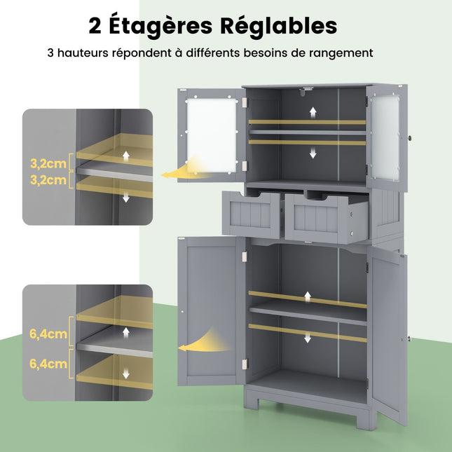 Tall Bathroom Storage Cabinet, 4 Doors, 2 Drawers, Grey