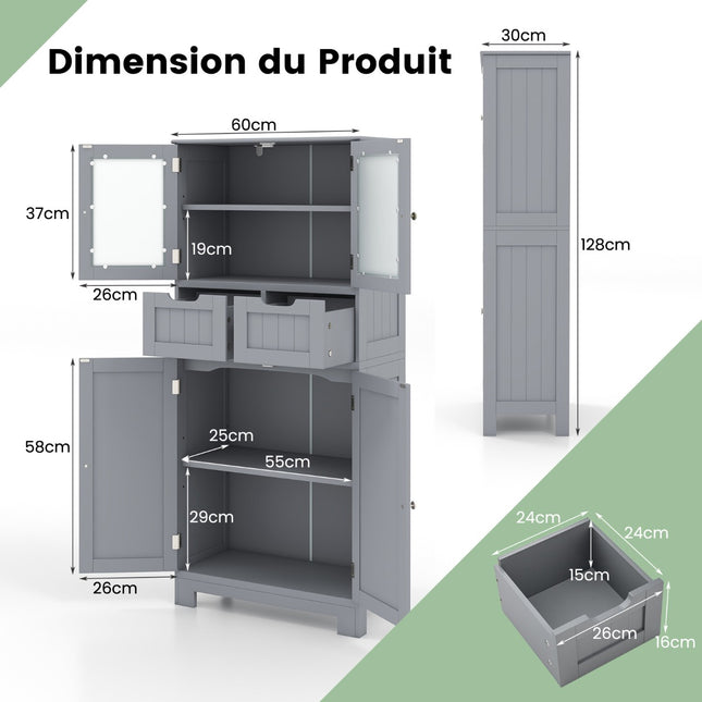 Tall Bathroom Storage Cabinet, 4 Doors, 2 Drawers, Grey