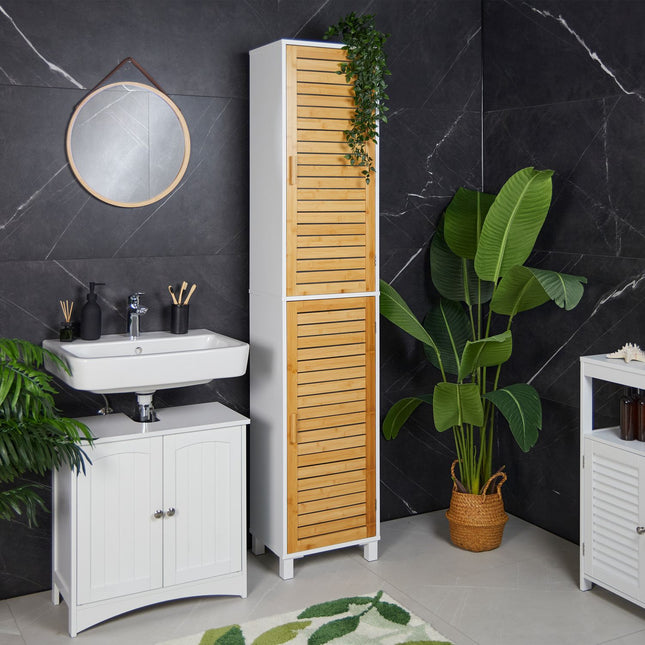 Tall Bathroom Storage Cabinet with Bamboo Doors