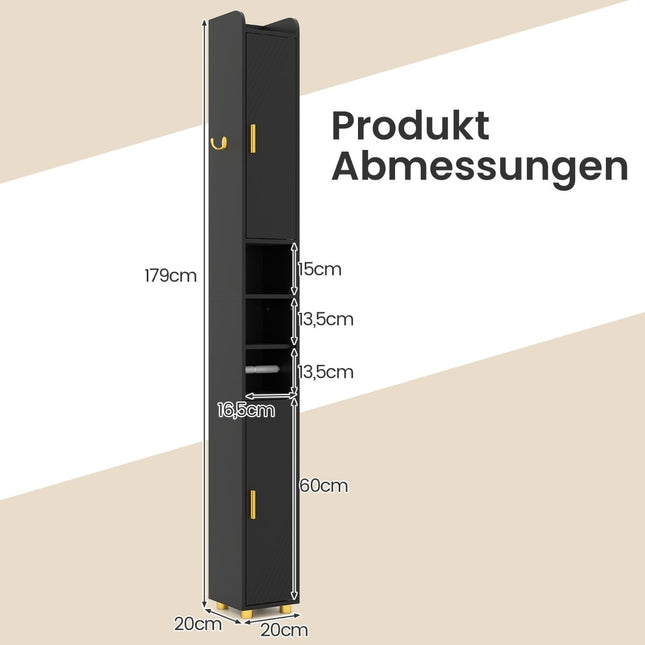 Hoge zwarte badkamerkast met verstelbare planken, 179 cm