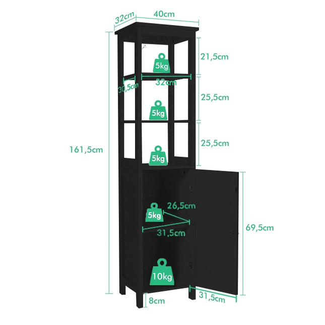 Tall Black Bathroom Cabinet with Adjustable Shelves, MDF
