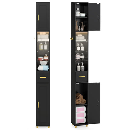 Tall Black Bathroom Cabinet with Lighting & Glass Shelves