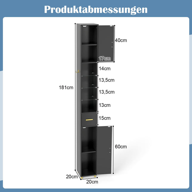 Tall Black Bathroom Cabinet with Lighting & Glass Shelves