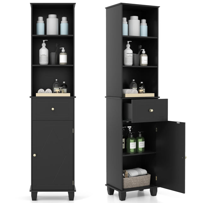 Tall Black Bathroom Cabinet with Shelves and Drawer