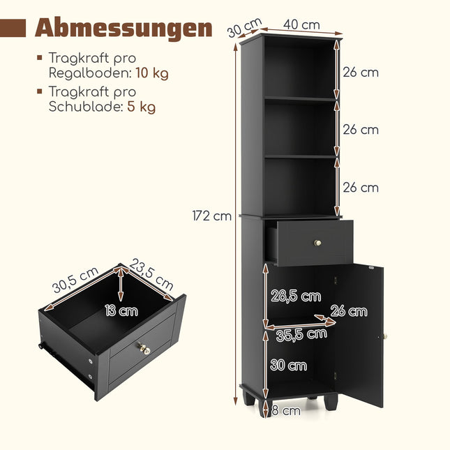 Tall Black Bathroom Cabinet with Shelves and Drawer