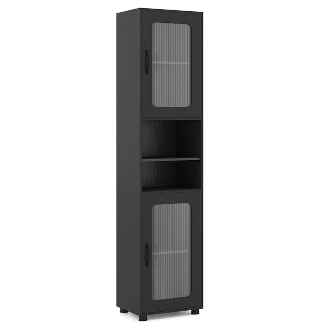 Tall Black Bathroom Storage Cabinet with Fluted Doors