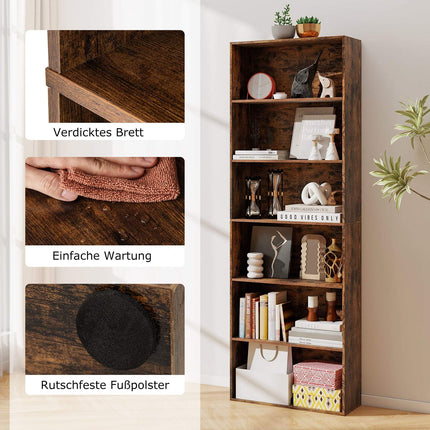 Tall Brown Bookshelf with 6 Shelves and Anti-Tip Kits