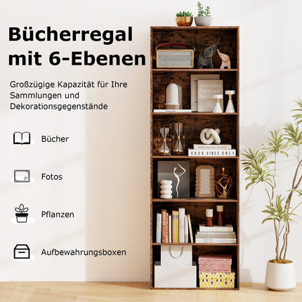 Tall Brown Bookshelf with 6 Shelves and Anti-Tip Kits