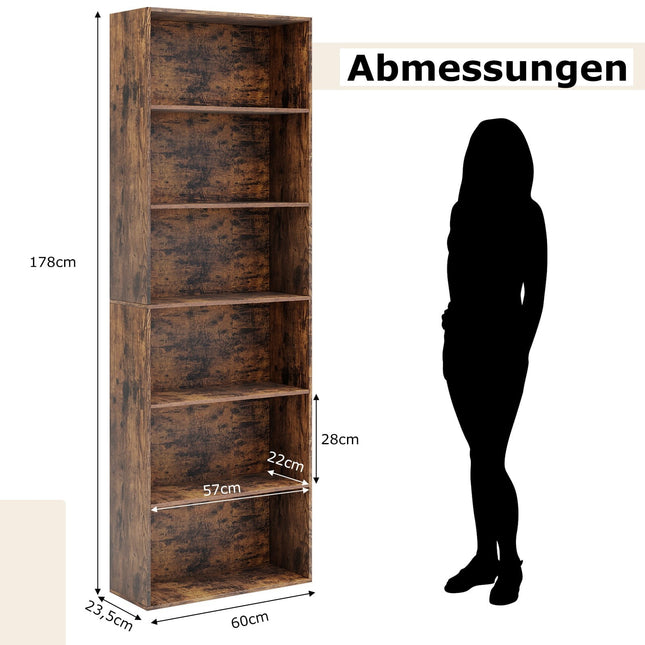 Tall Brown Bookshelf with 6 Shelves and Anti-Tip Kits