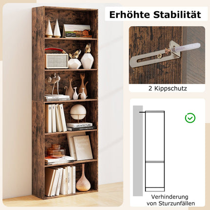 Tall Brown Bookshelf with 6 Shelves and Anti-Tip Kits
