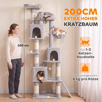 Tall Cat Tree, 200 cm with Beds, Hammock, for 3 Cats