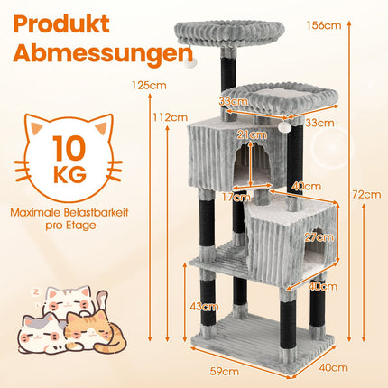 Tall Cat Tree with 2 Caves, Beds, Scratch Posts, 156 cm