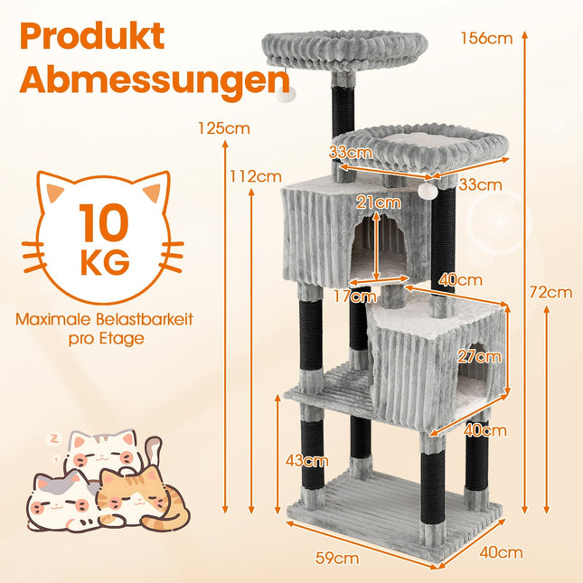 Tall Cat Tree with 2 Caves, Beds, Scratch Posts, 156 cm