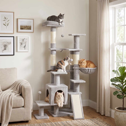 Tall Cat Tree with Hammock, Scratching Posts, Light Grey