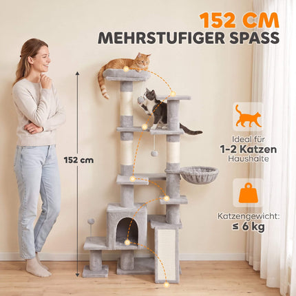Tall Cat Tree with Hammock, Scratching Posts, Light Grey