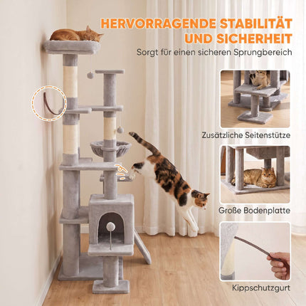 Tall Cat Tree with Hammock, Scratching Posts, Light Grey