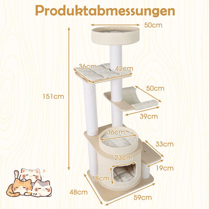 Tall Cat Tree with Hammock and Scratching Posts, 151 cm