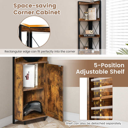 Tall Corner Storage Cabinet, 3-Tier Shelf, Door, MDF