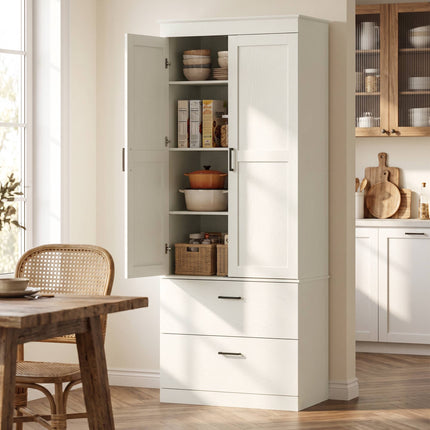 Tall Cream White Kitchen Pantry Cabinet with Adjustable Shelves