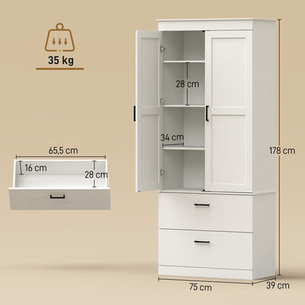 Tall Cream White Kitchen Pantry Cabinet with Adjustable Shelves
