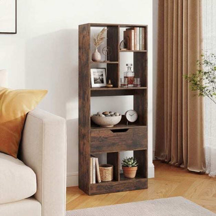 Tall Freestanding Bookshelf with Drawer and 7 Open Cubes