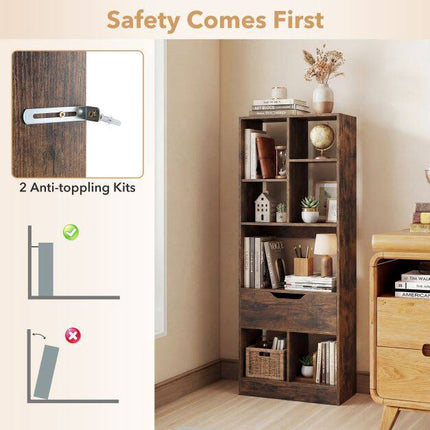 Tall Freestanding Bookshelf with Drawer and 7 Open Cubes