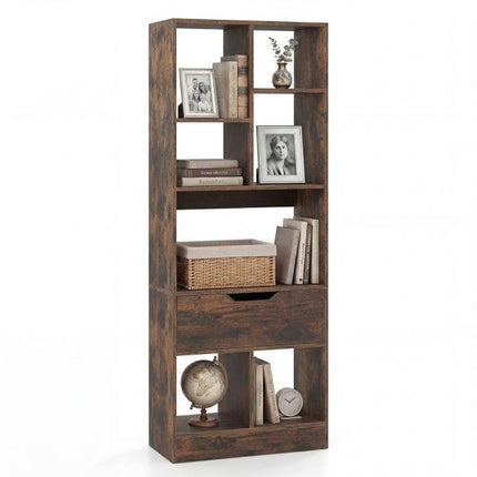 Tall Freestanding Bookshelf with Drawer and 7 Open Cubes