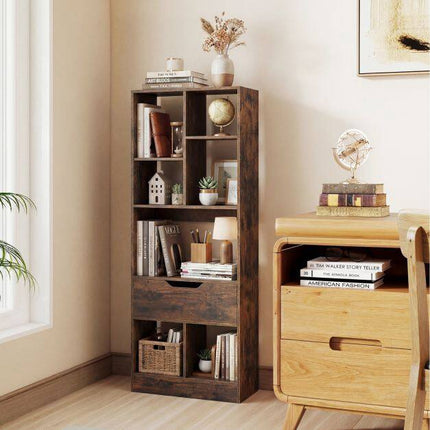 Tall Freestanding Bookshelf with Drawer and 7 Open Cubes