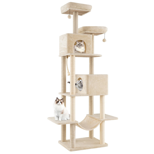 Tall Multi-Level Cat Tree with Sisal Posts, 2 Caves, Beige