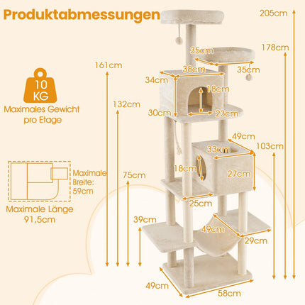 Tall Multi-Level Cat Tree with Sisal Posts, 2 Caves, Beige
