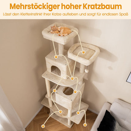 Tall Multi-Level Cat Tree with Sisal Posts, 2 Caves, Beige