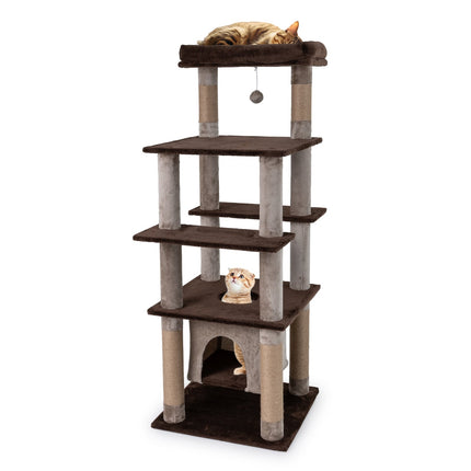 Tall Multi-Level Cat Tree with Swing Condo, Plush Bed, Brown