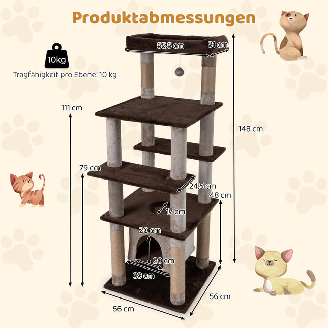 Tall Multi-Level Cat Tree with Swing Condo, Plush Bed, Brown