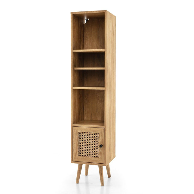 Tall Rattan Bookshelf with 4 Shelves and Cabinet Door