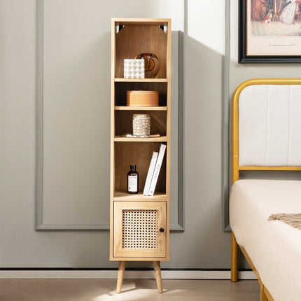 Tall Rattan Bookshelf with 4 Shelves and Cabinet Door