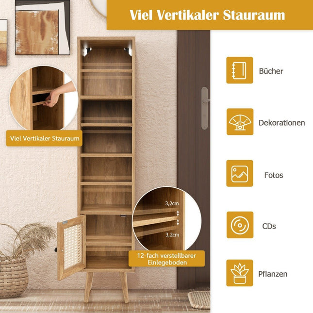 Tall Rattan Bookshelf with 4 Shelves and Cabinet Door