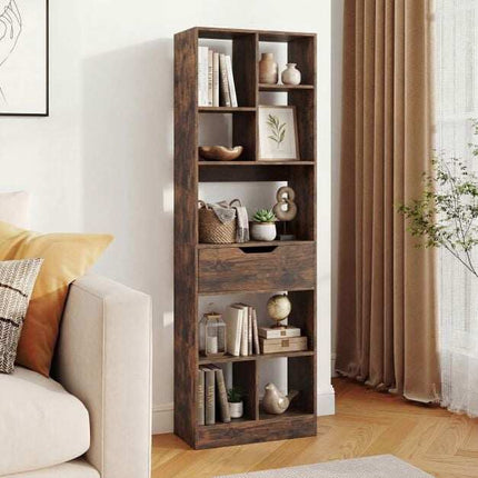 Tall Rustic Brown Bookshelf with 8 Open Cubes and Drawer