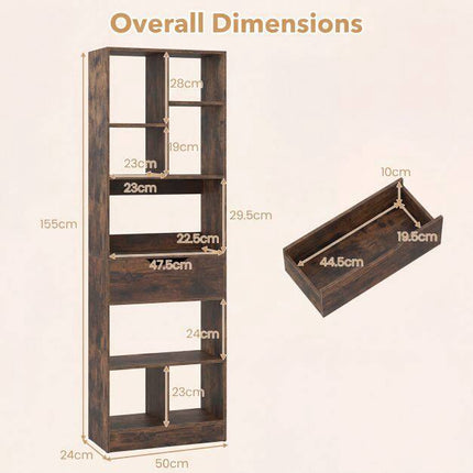 Tall Rustic Brown Bookshelf with 8 Open Cubes and Drawer